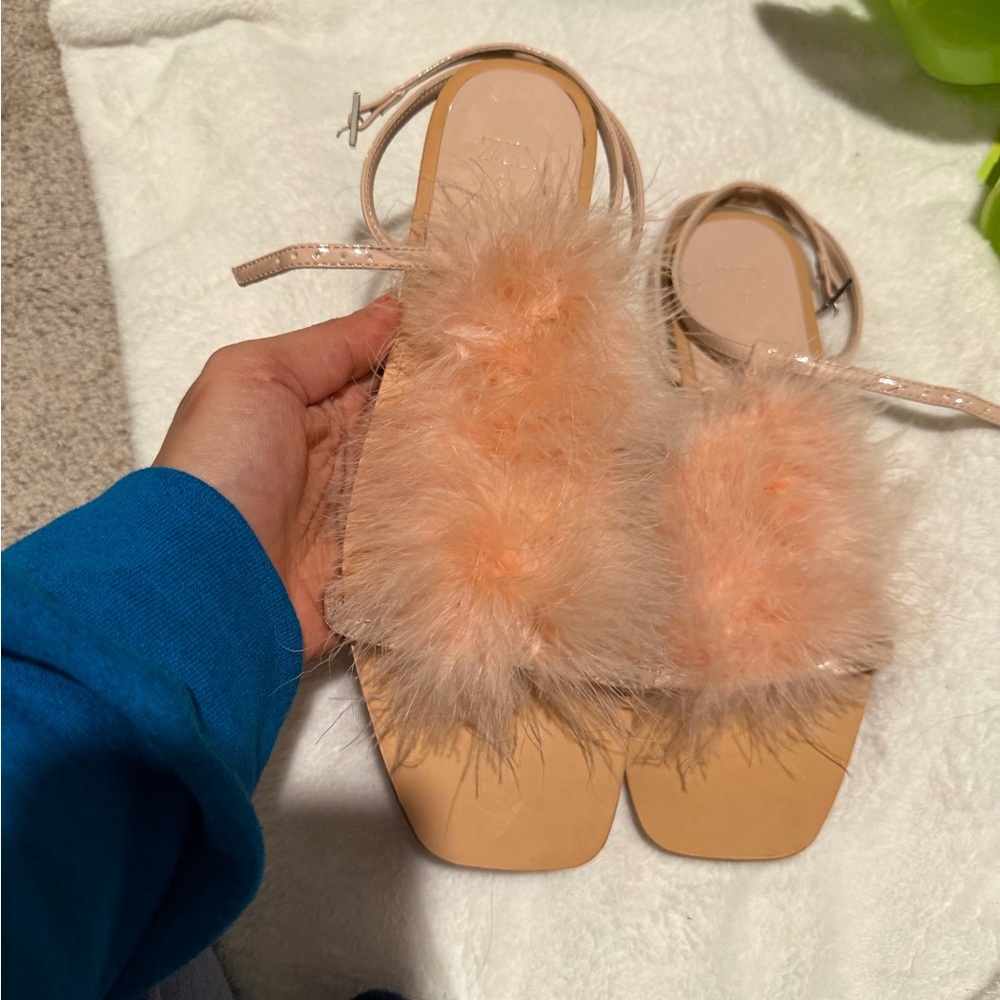 Zara Peach Fuzzy Sandals